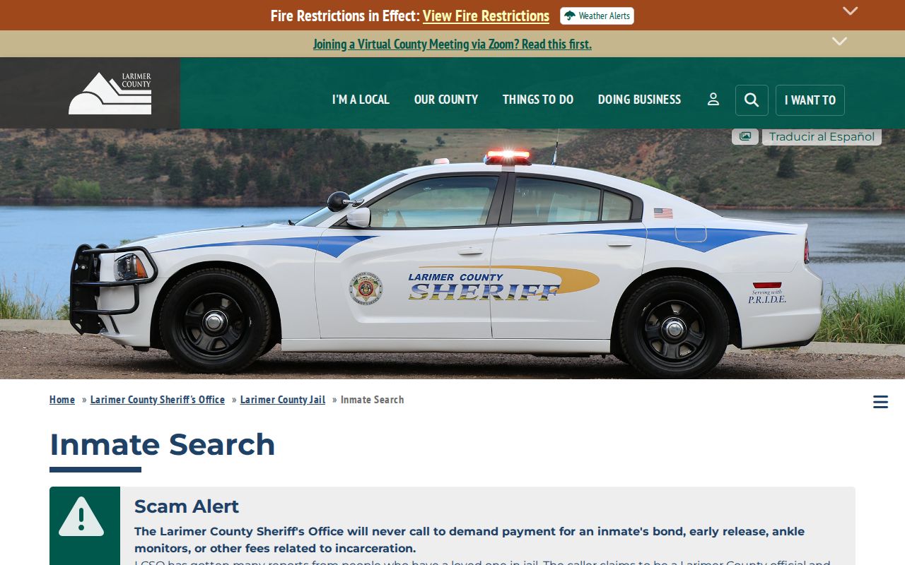 Larimer County Jail current custody record search form