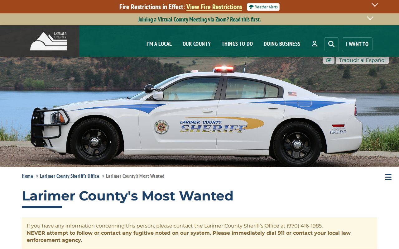 Larimer County wanted-fugitive record grid from the sheriff