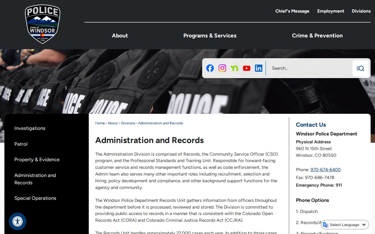 Windsor Police Department arrest and criminal justice records page